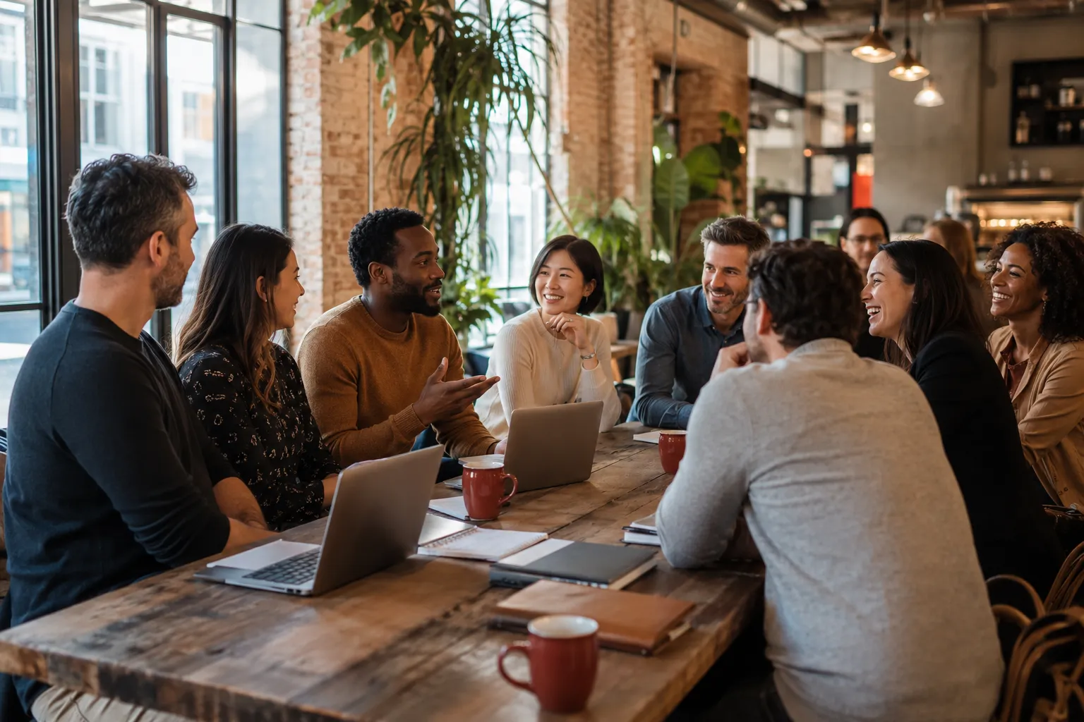 A small AI Adopters Coffee Club-style gathering of AI implementers in a Austin café — animated conversation around a shared table.