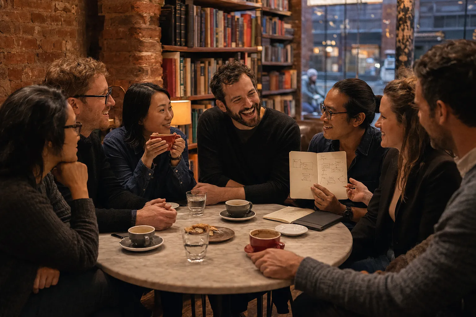 A small AI Adopters Coffee Club-style gathering of AI implementers in a Brooklyn café — animated conversation around a shared table.