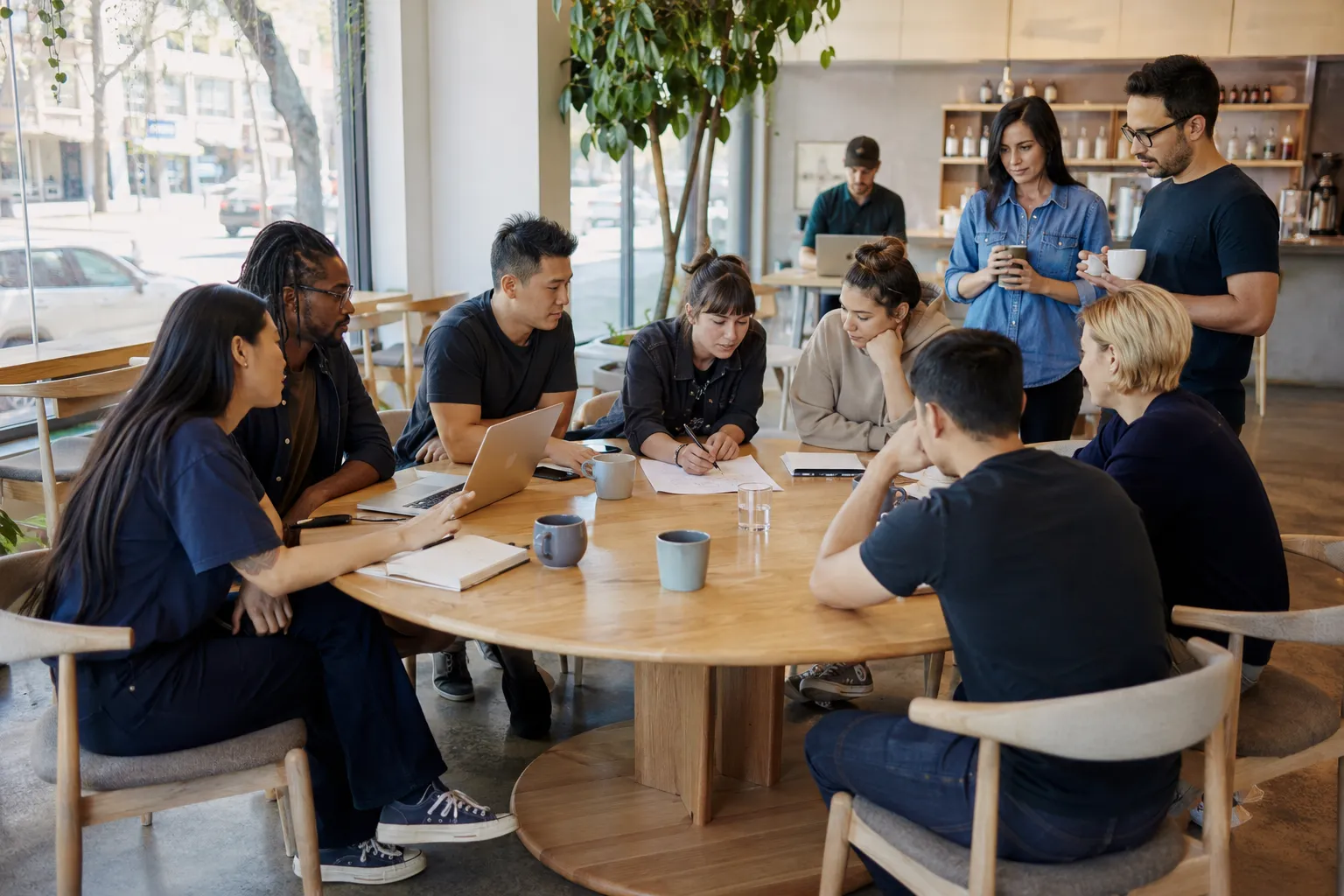 A small AI Adopters Coffee Club-style gathering of AI implementers in a Oakland café — animated conversation around a shared table.
